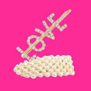 gold rhinestone love barrette pearl hair clips set